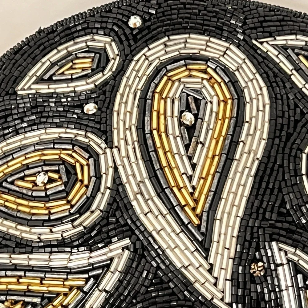 Vintage Beaded Evening Clutch Purse Black‎ Gold Silver Glass Bead Handbag Small